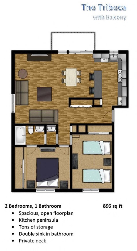 Floor plan for 2 beds, 1 bath, 896 sqft